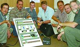 Discussing  Elpro Technologies radio telemetry  during the factory acceptance test: (L to R) Frans Hattingh (UniTemp), Vernon McCallum (Prime), Darren Meiring (UniTemp), Albert v Wyk (Prime), Hennie Storm (Lyon & Partners), Dawid Dirks (Emfuleni), Dieter Bütow (UniTemp)